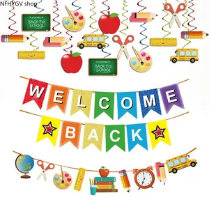Welcome Back To School Pennant Banner Kit, Multi Element School Theme Hanging Swirl Cutouts, Colorful Paper Wall Hanging Decor For Classroom Opening Day