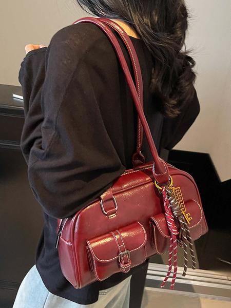 Niche retro texture handbag, double pocket design contrasting woven tassel pendant, commuter fashion shoulder handbag, personalized simple design, versatile and multi-color optional, Casual handbag satchel, suitable for daily travel, shopping, etc.