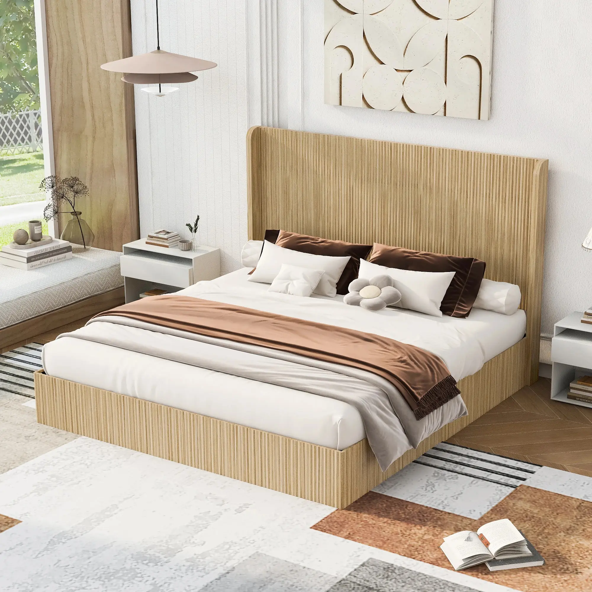 King Size Mid-Century Fluted MDF Wood Tall Wingback Headboard - Stable, Sturdy, Soft, Adjustable, Low Profile, 1000 lb Capacity, Flat-Pack, Easy Setup, Assembly Required for Rustic, Modern Bedroom Platform Bed Frames, Platform Bed Frame, Fluted Texture