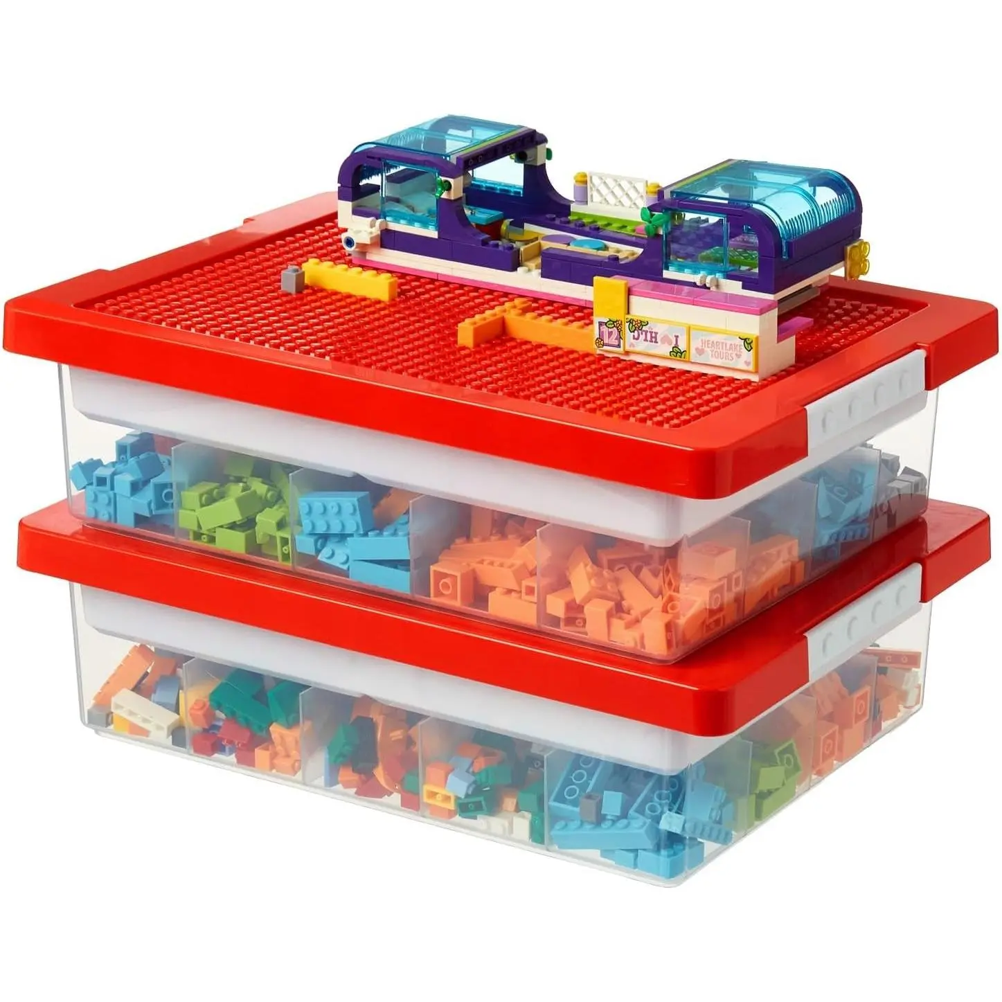 Toys Storage Organizer Box for Lego, Toy Box with Building Plate Lid and Removable Tray, Building Block Storage, Stackable Plastic Organizer Bins (LGB2-RR)