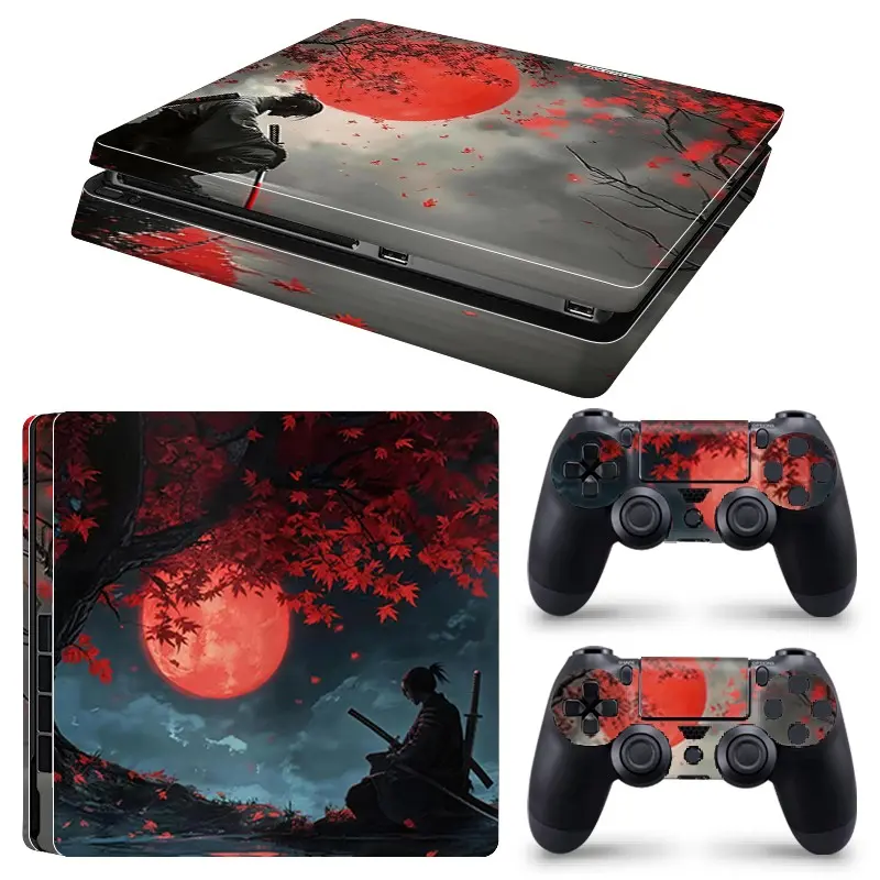 Red Moon Maple Oriental Scenery Art Vinyl Skin Cover for PS4 Slim Console and Wireless Controllers, Waterproof, Scratch-Proof & Long Lasting, Removable Without Residue Game Console Decor Sticker