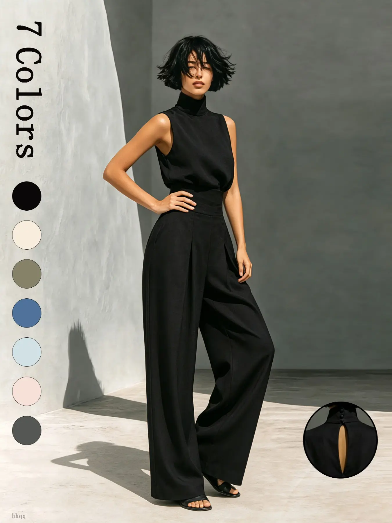 Women's Minimalist Home Set, Sleeveless High Neck Shirt and High Waist Pleated Wide Leg Pants, Elegant Plain Color Daytime Sleepwear