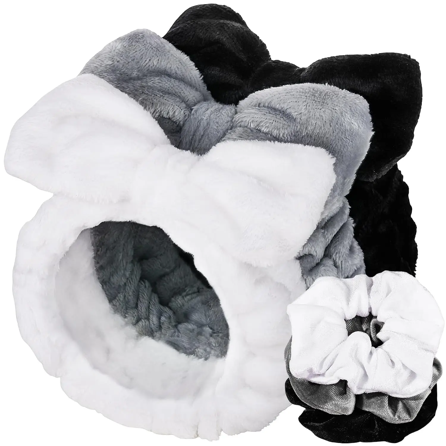 Headband, 6 count Makeup Headbands and Hair Scrunchies, Bow  Care Headband for Washing  for Teen Girls Women, Easter Basket Valentines Gifts for Girls, Black & White & Gray