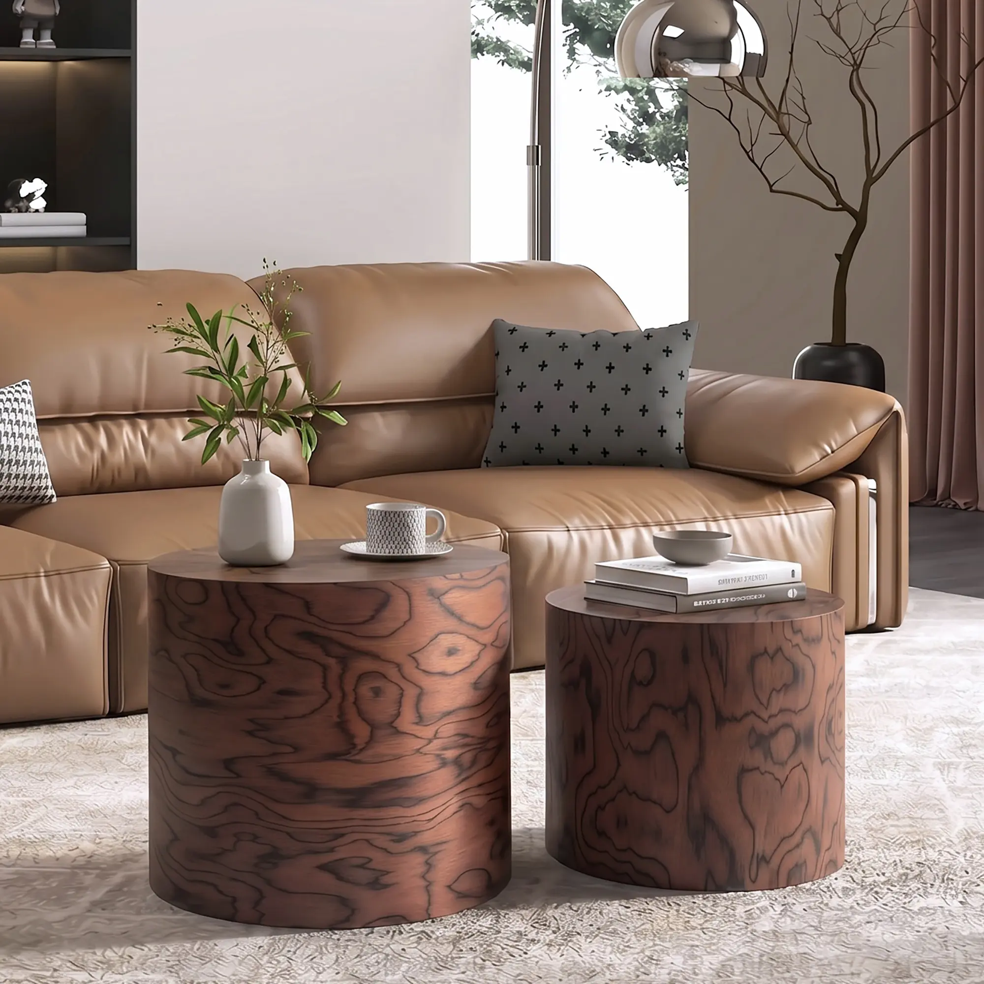 ARCH 2-Piece Nesting Coffee Table Set Round Tree Stump Drum Accent Side Tables No Assembly Natural Swirl Wood Grain Dark Brown MDF Living Room Modern Farmhouse Wabi-Sabi Home Decor End Table Set, Dark Brown Color Options, Engineered Wood Material
