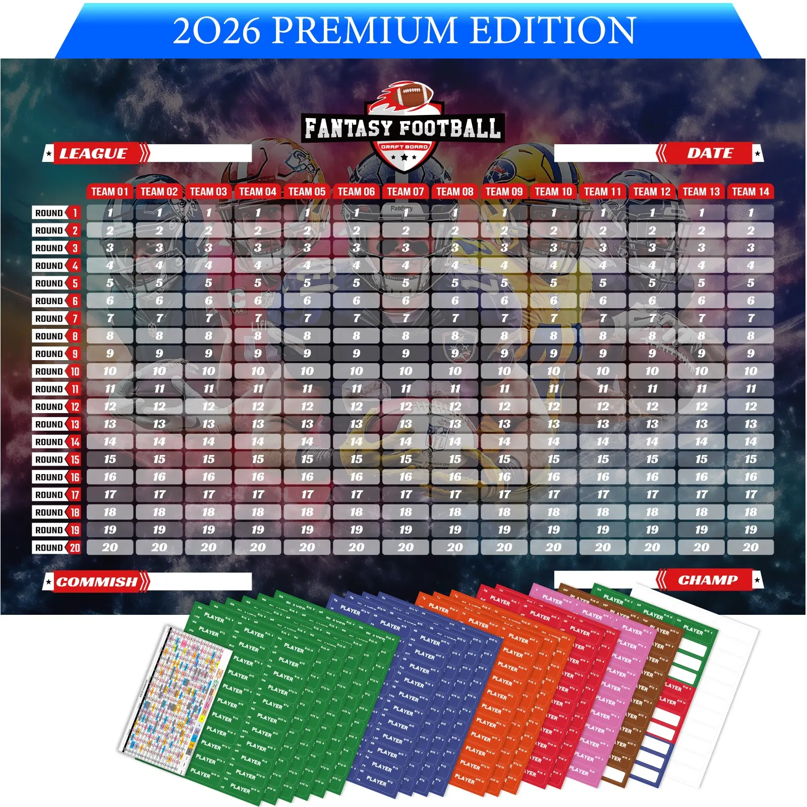 2026-2027 Fantasy Football Draft Board Kit - 5.1x3.5 Ft Waterproof XL Fantasy Football Draft with 570+ Removable Labels (Top Rookie Sticker) & Schedule for Fantasy Football Draft Party