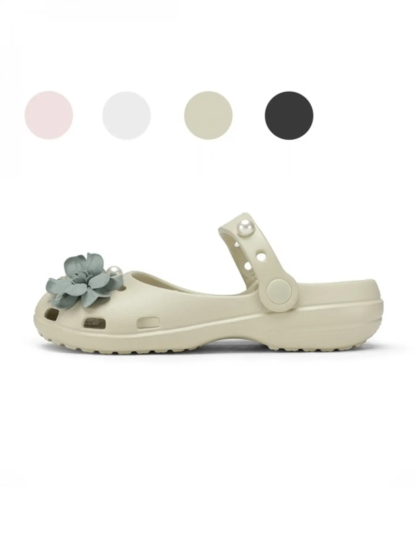 Women's Gentle Grey Flower Pearl Mary Jane Thick Sole Clogs, Anti-slip One-piece Casual Sandals For Daily Walking, Errands & Beach Visits