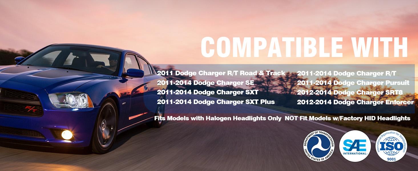 Headlight Assembly w/Bulbs Compatible with 2011-2014 Dodge Charger OE Halogen Headlamp Black Housing Amber Reflector Replacement Driver and Passenger Side