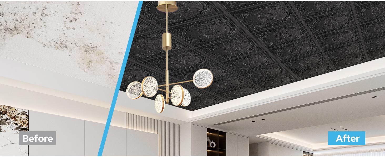 Drop Ceiling Tiles 24"x24", PVC Panels Ceiling Tiles Waterproof Reusable, Covers 48 Sq.Ft., Baroque Decorative Tiles for Home & Use (Pack of 12, Black)