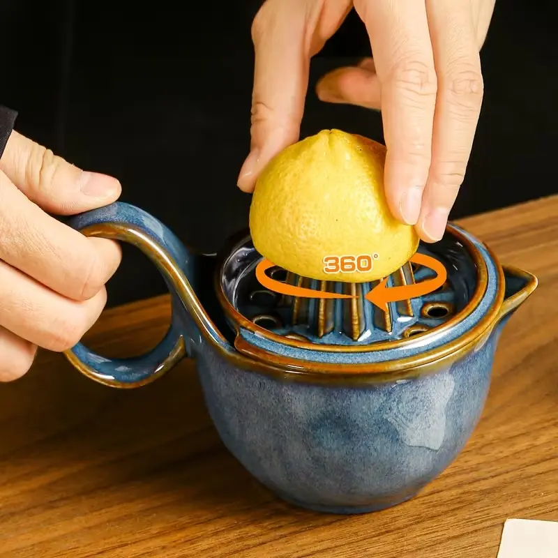 Ceramic Lemon Squeezer, Vintage Japanese Reactive Glaze Manual Citrus Press, with Handle and Spout, Bowl Included, Kitchen Tool