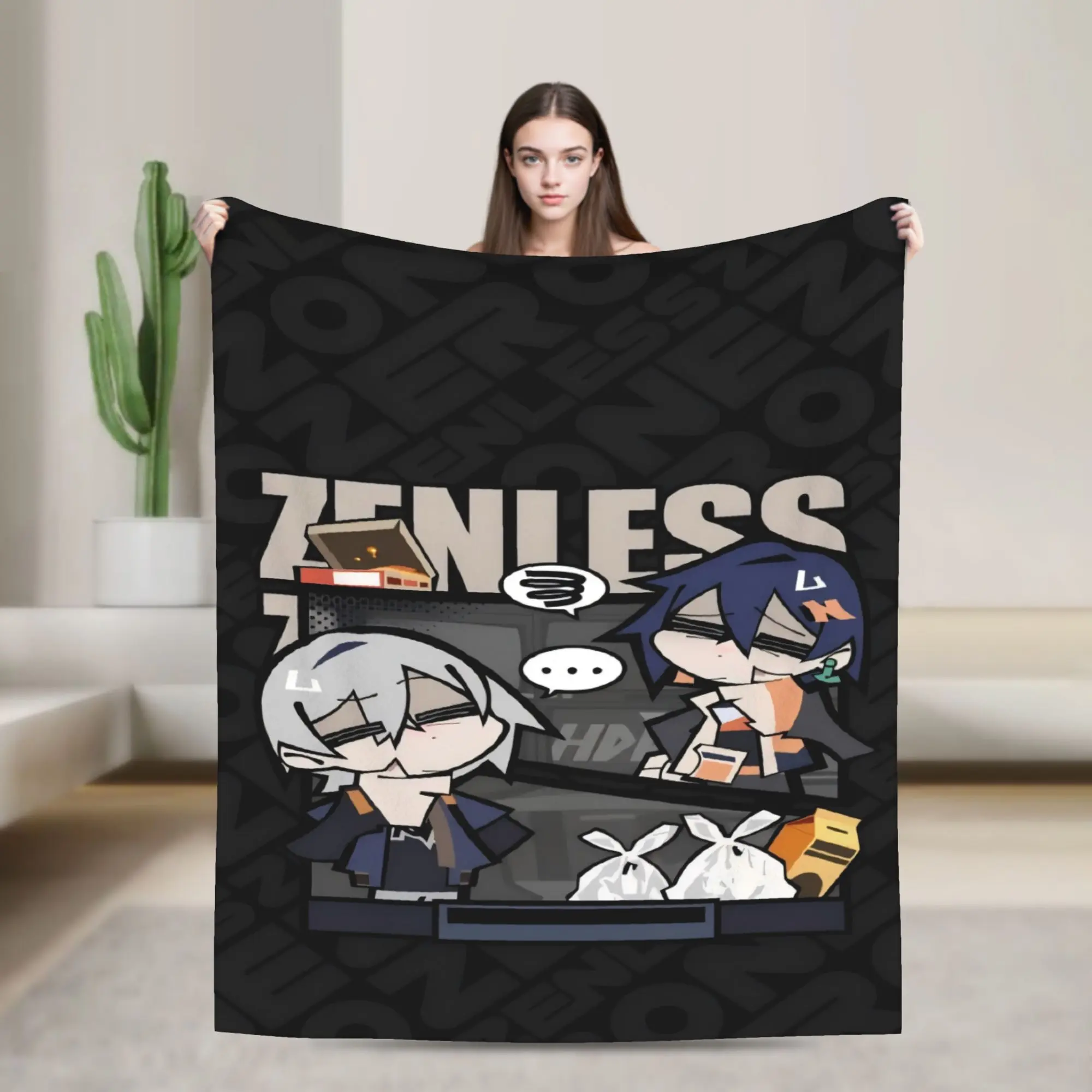 Zenless Zone Zero Cute Chibi Brother Sister Convenience Store Black Letter Background Print Flannel Blanket All Season Cozy Travel Blanket, Perfect Birthday Gift For Zenless Zone Zero Fans