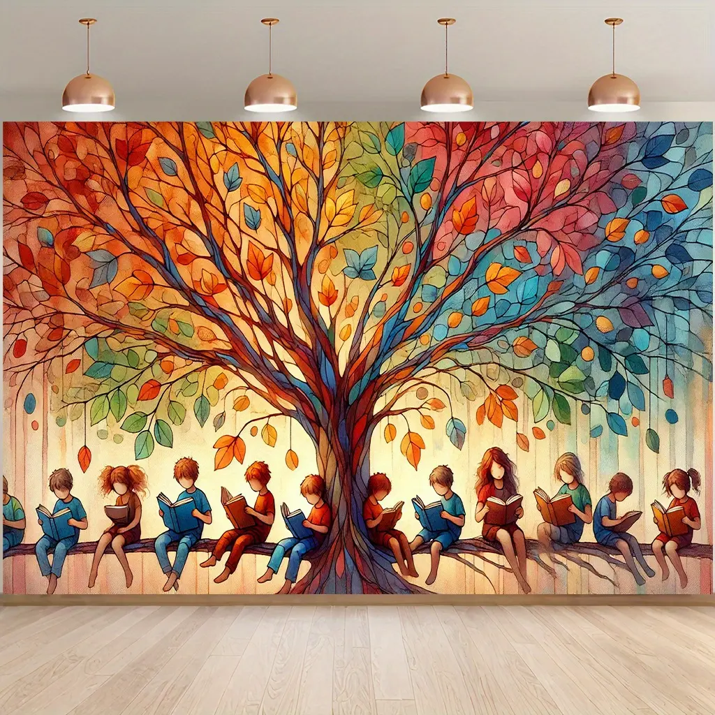 Reading Tree Tapestry with Books Design Wall Hanging Decor for Living Room, Bedroom, Office and Study Areas