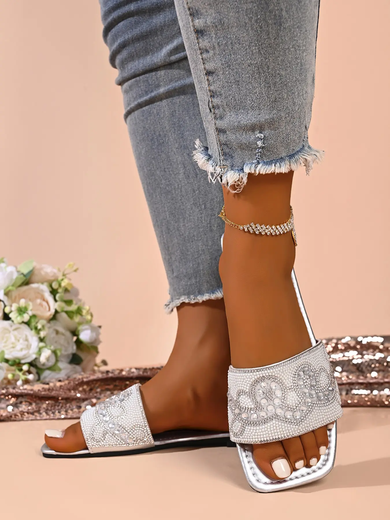 Silver Color Heart Rhinestone Decorated Square Toe Slippers, Women's Breathable Soft Sole Home Shoes, Fashion Casual Sandals