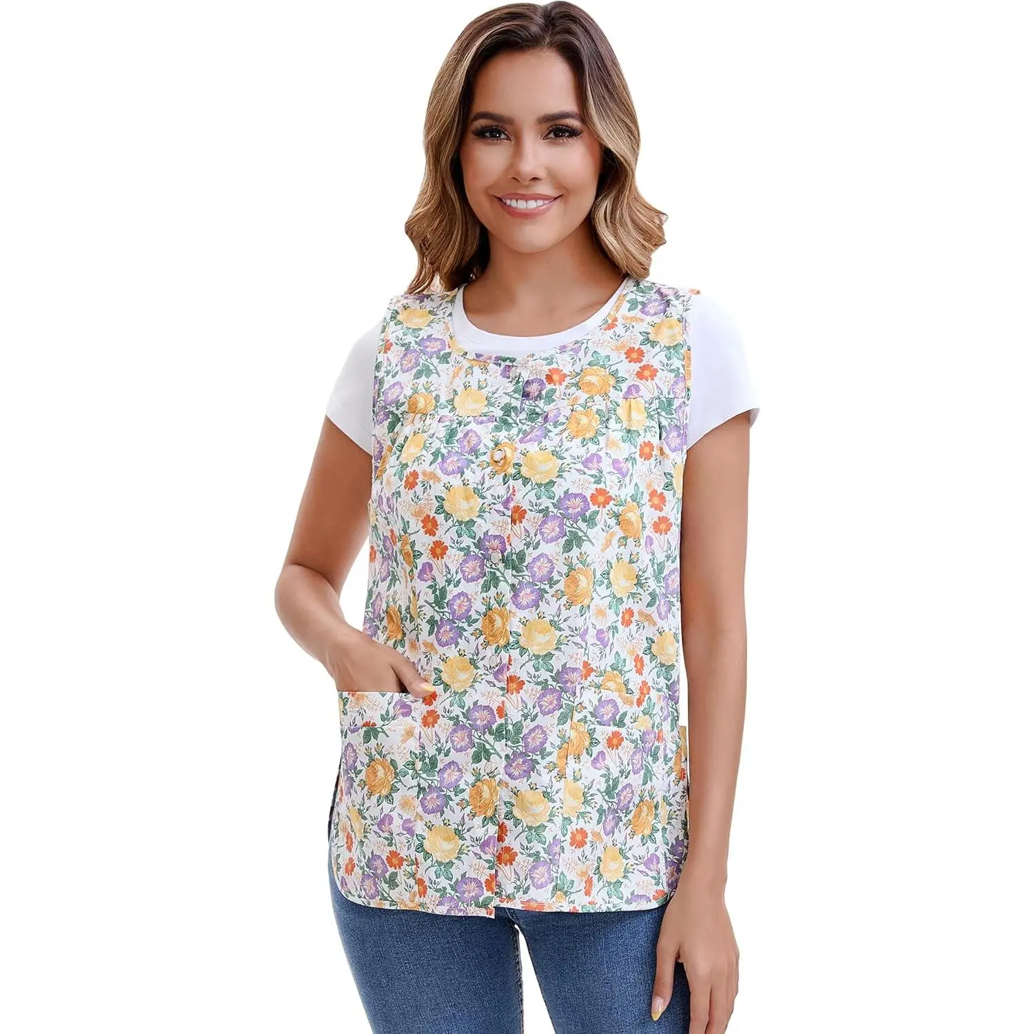 Women Cobbler Apron with Pockets, Printed  Smock with Buttons for Cooking Cleaning Gardening