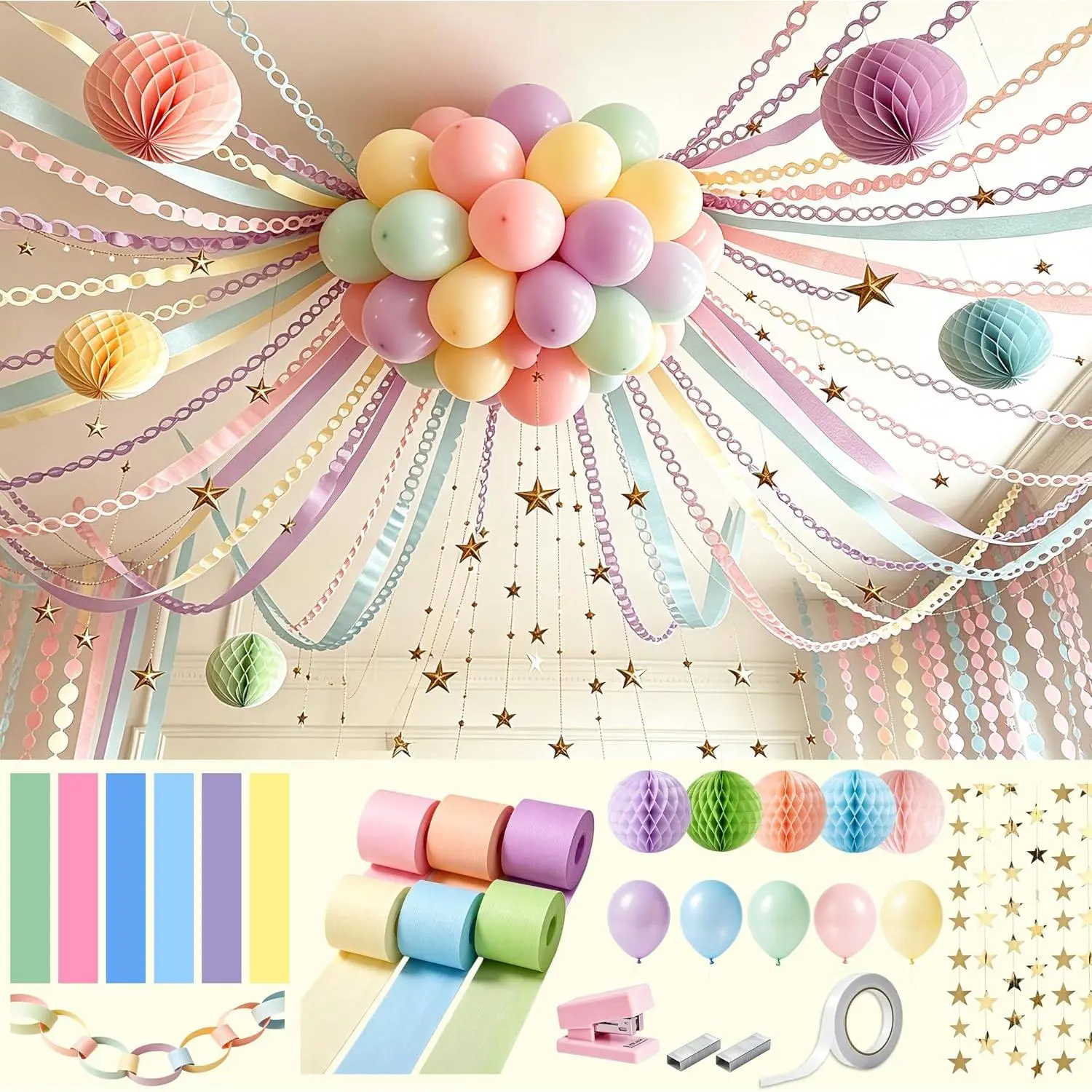 Pastel Paper Chain Garland Strips with 492ft Crepe Paper Long Ribbons, 30-Count Pastel Balloons & 6-Count Balls for Modern Party Decor, Birthday Events, Ceiling Hanging DIY Decorations, Thickened