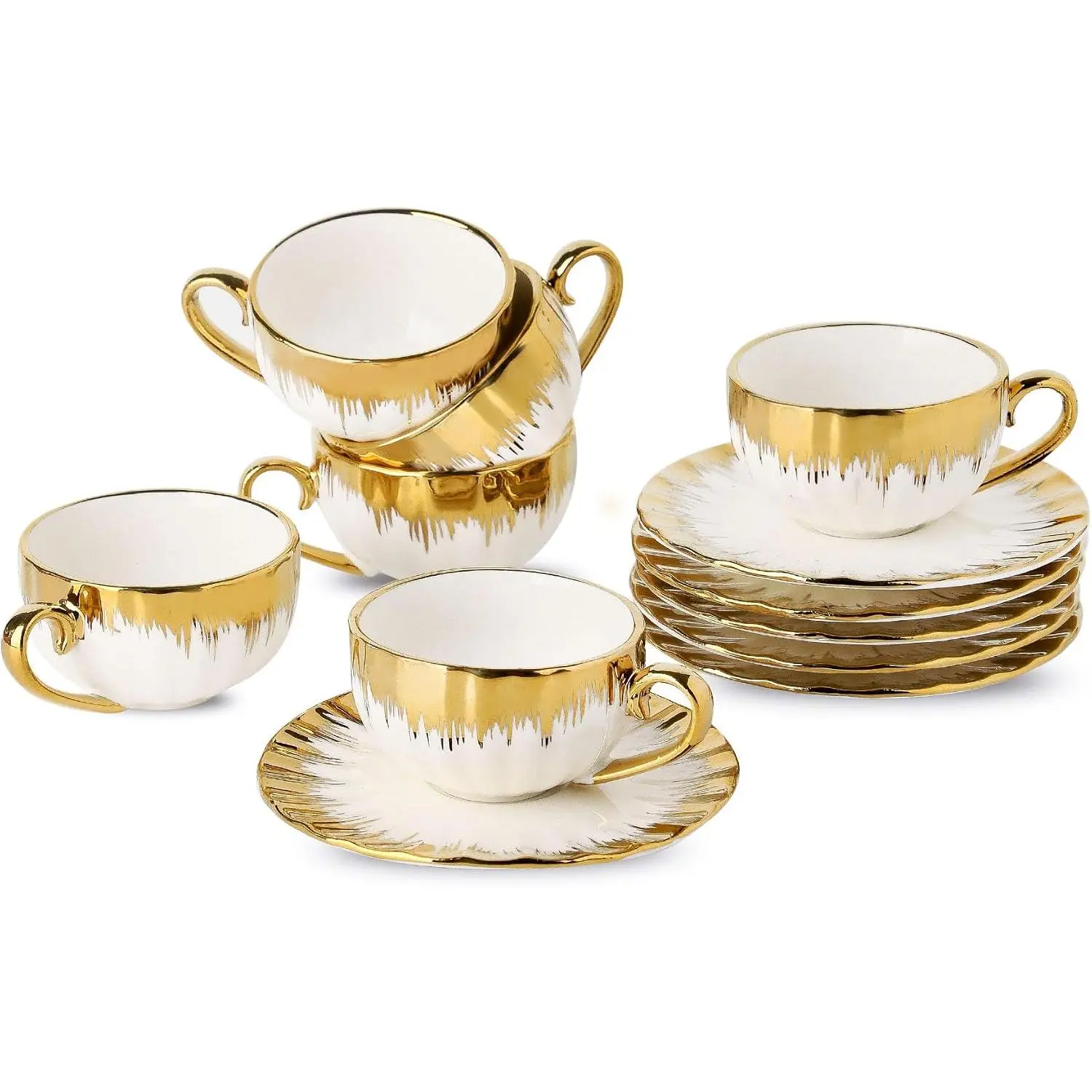 Espresso Cups and Saucers, 2.5 oz Porcelain Espresso Cups Set of 6, Ceramic Coffee Cups with  Trim, Espresso Mugs, Mini Demitasse Cups with Handle for Single Espresso, White