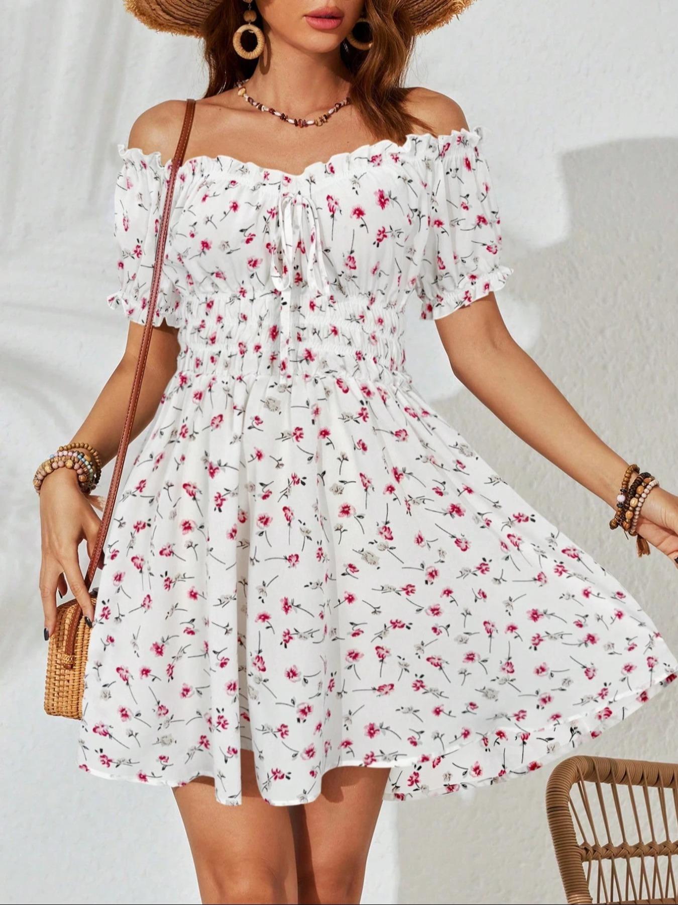 Women's Floral Print Off Shoulder Dress, Elegant Fashion Casual Short Dress for Daily Outdoor Wear, Casual Everyday Wear, Women's Dress for Summer