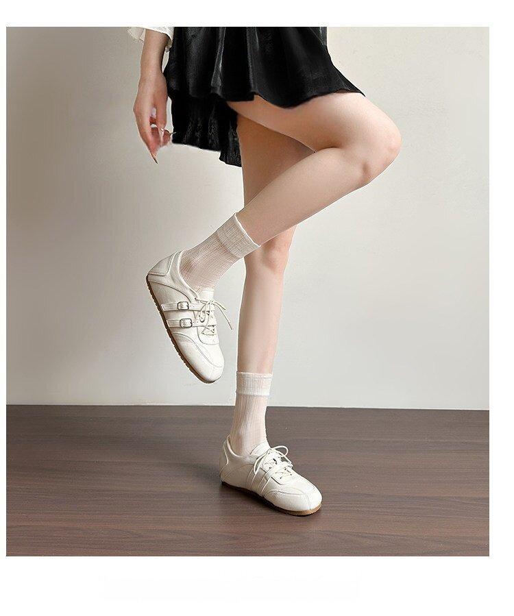 2026 Spring Collection: Patchwork Small Round-Toe Lace-Up Leather Shoes, Casual Ballet-Style Double Buckle Height-Increasing German Training Shoes