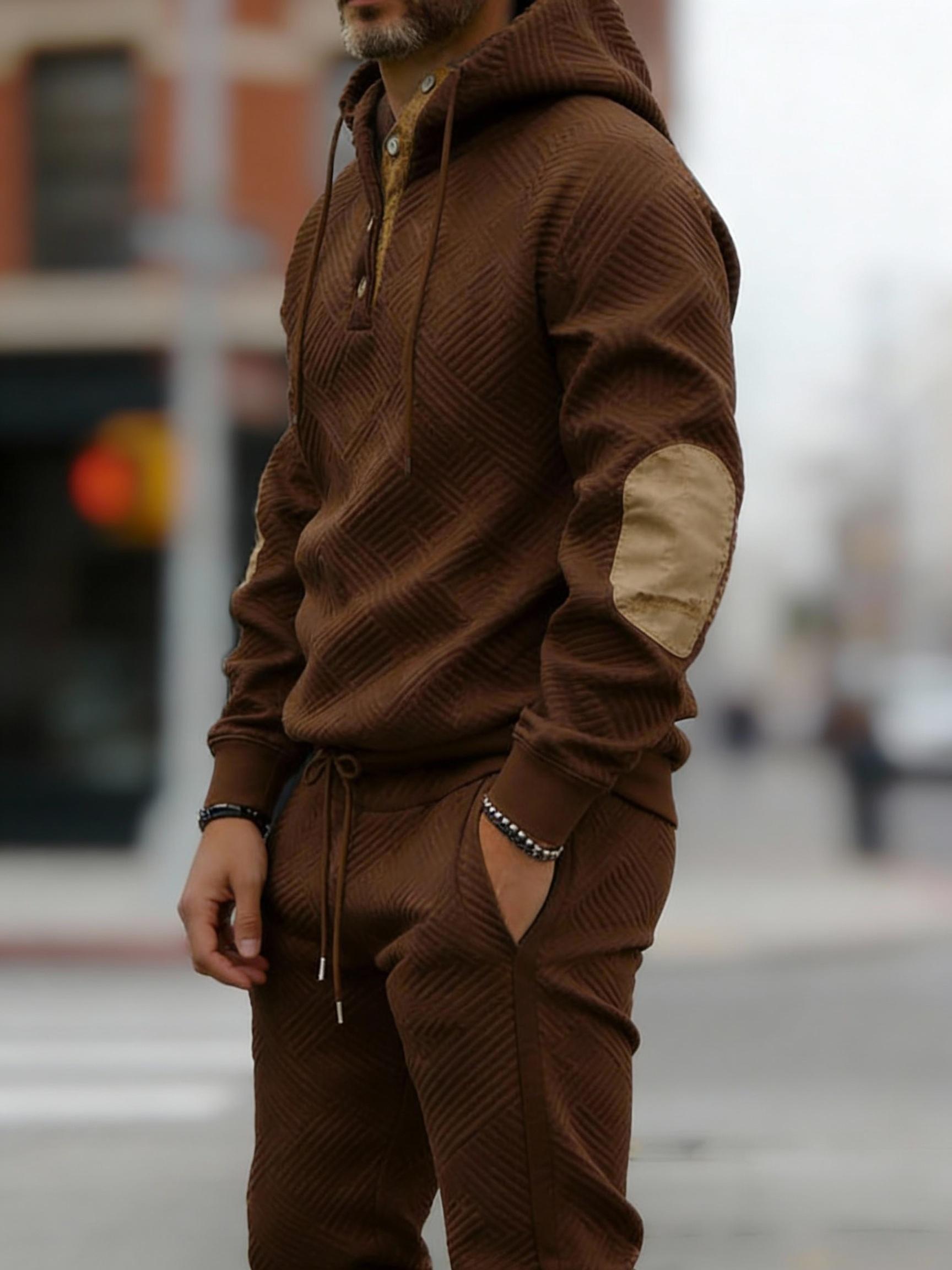 Vintage Style Men's 2-Piece Loungewear Set - Textured Fabric Hoodie with Button Placket & Contrast Details Casual Beige