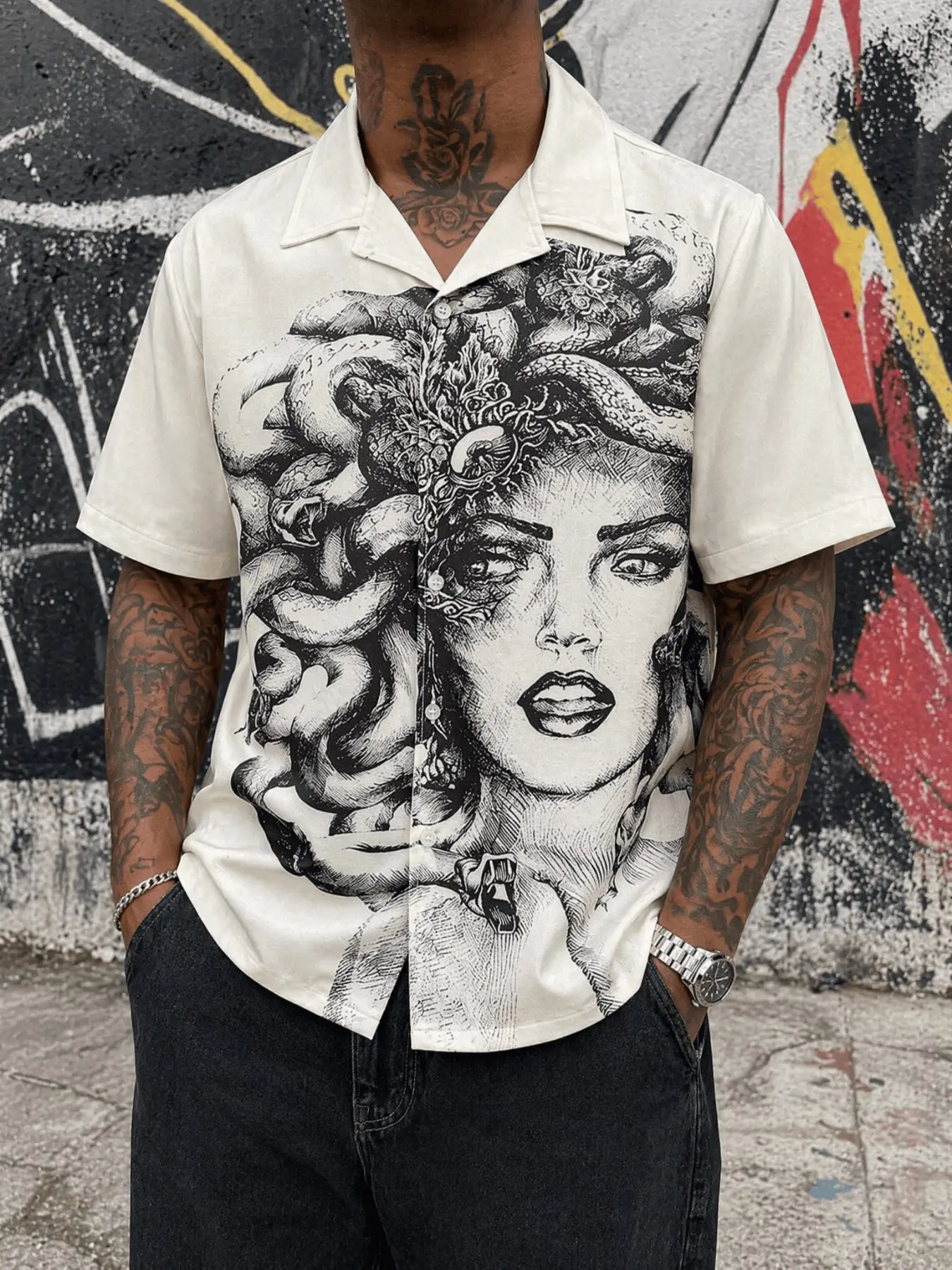Men's Medusa Snake Hair Print Cuban Collar Shirt, Smooth Wrinkle-Resistant Satin Loose Short Sleeve Open Front, Vintage Gothic Hip-Hop Streetwear