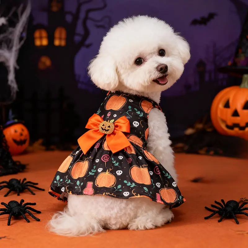 Halloween Pet Dog Dress - Witch Pumpkin & Purple Bat Print, Cute Princess Costume for Small & Medium Dogs, French Bulldogs, Pomeranians, Perfect for Halloween Party & Photo Shoot