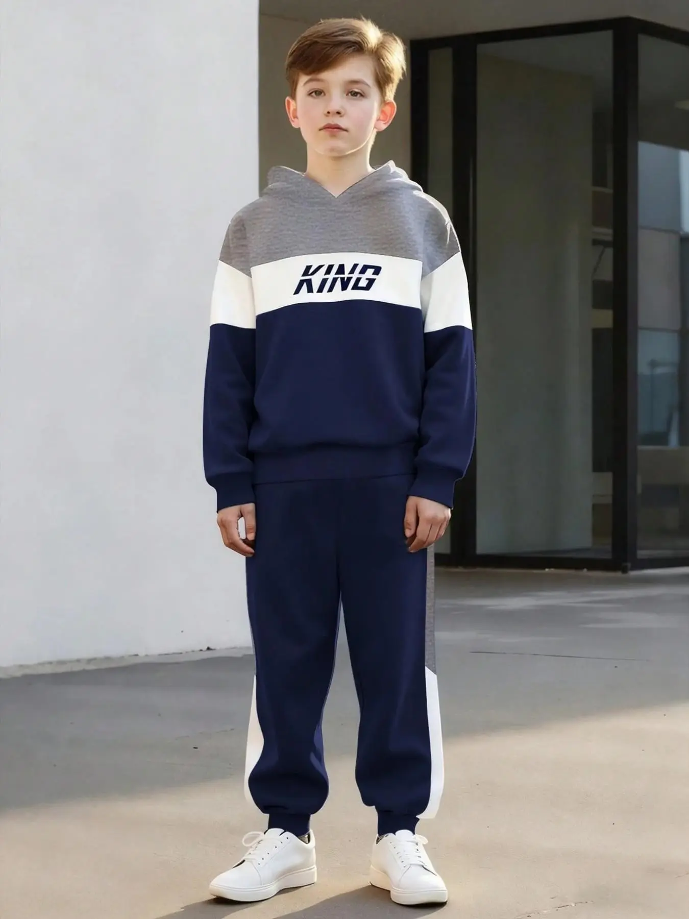 Four Kids Hoodie Sets, Stripes Los Angeles Letters, Blue Horse, King, Navy King, Boys Loose Sport Two-Piece Set, Sportswear Set