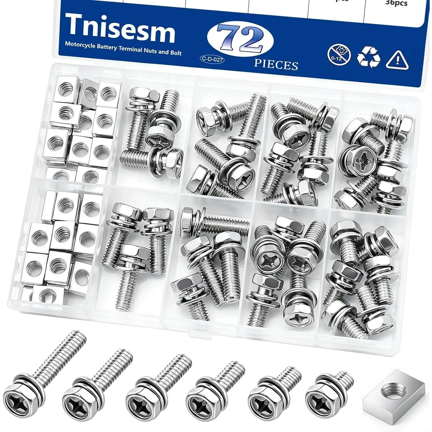 72PCS Battery Terminal Motorcycle Bolts and Nuts Kit M6x10/12/16/18/20mm 304 Stainless Steel Battery Bolt with Square Nut for ATV Bike Motorcycle Scooter