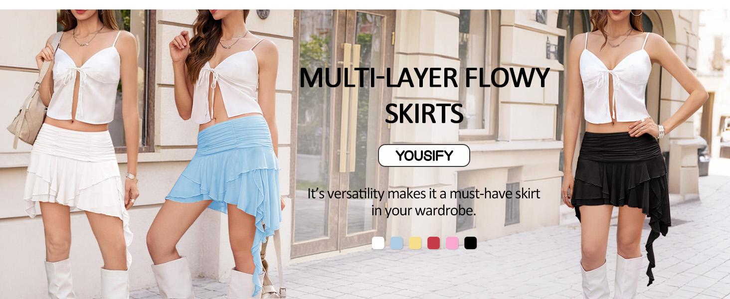 Yousify Women's Y2K Mini Skirts Mesh Flowy Ruffled Skirt Layered Low Rise Pleated Asymmetrical Short Skirts for Summer