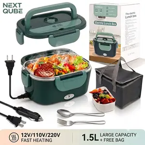 Portable Insulated Heating Student Lunch Box. Hot Food Waterless Heating Rice Box - 50.72oz Stainless Steel Container Soup Pot, Fruit Box, Leak-Proof Stainless Steel Container with Car Plug (12V/24V), Suitable for Cars and Trucks, Includes Spoon