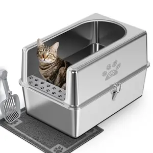 PTLOM Enclosed Stainless Steel Cat Litter Box with Lid, for Big Cats with High Side, Non-Stick, Anti-Leakage, Odorless, with Mat & Litter Scoop