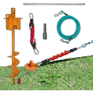 Dog Stakes for Outside Heavy Duty Hold up to 350Lbs Large Dogs Tie Out Tether Leash Chain for Yard Screw in Ground Anchors 17inch with Buffer Rope, 25 FT Steel Cable