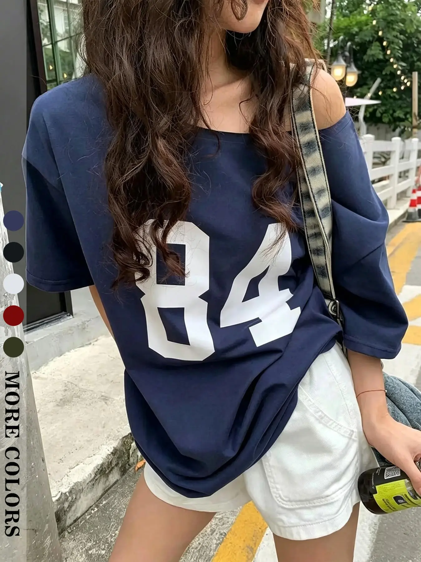 Women's 84 Number Print Asymmetrical Shoulder Short Sleeve T-Shirt, Casual Fitted Top, Soft Breathable, Summer Daily Wear, Date, Streetwear