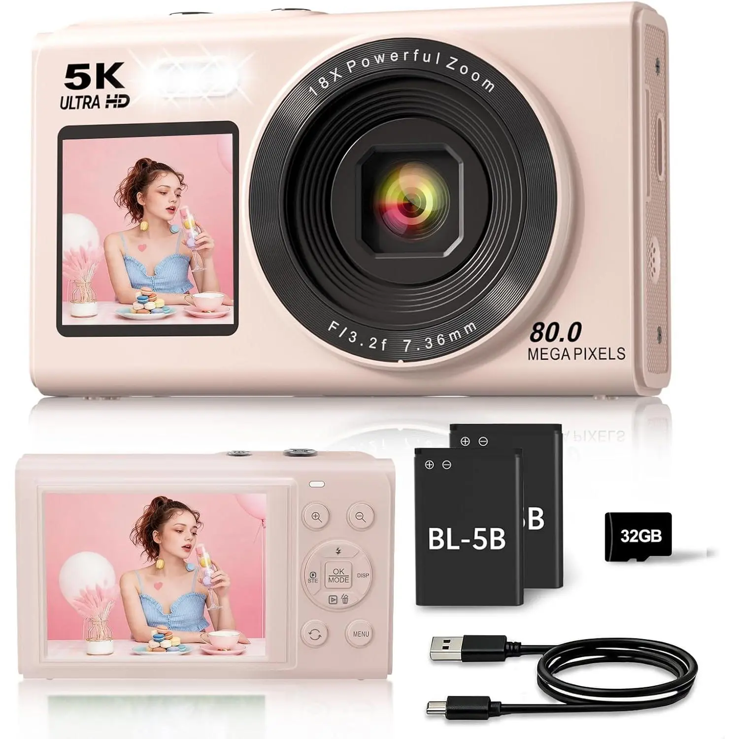 5K Digital Camera for Teens and Beginners,   Screen Compact Vlogging Camera with 18X Digital Zoom, Point and Shoot for Travel, 32GB Card and 2
