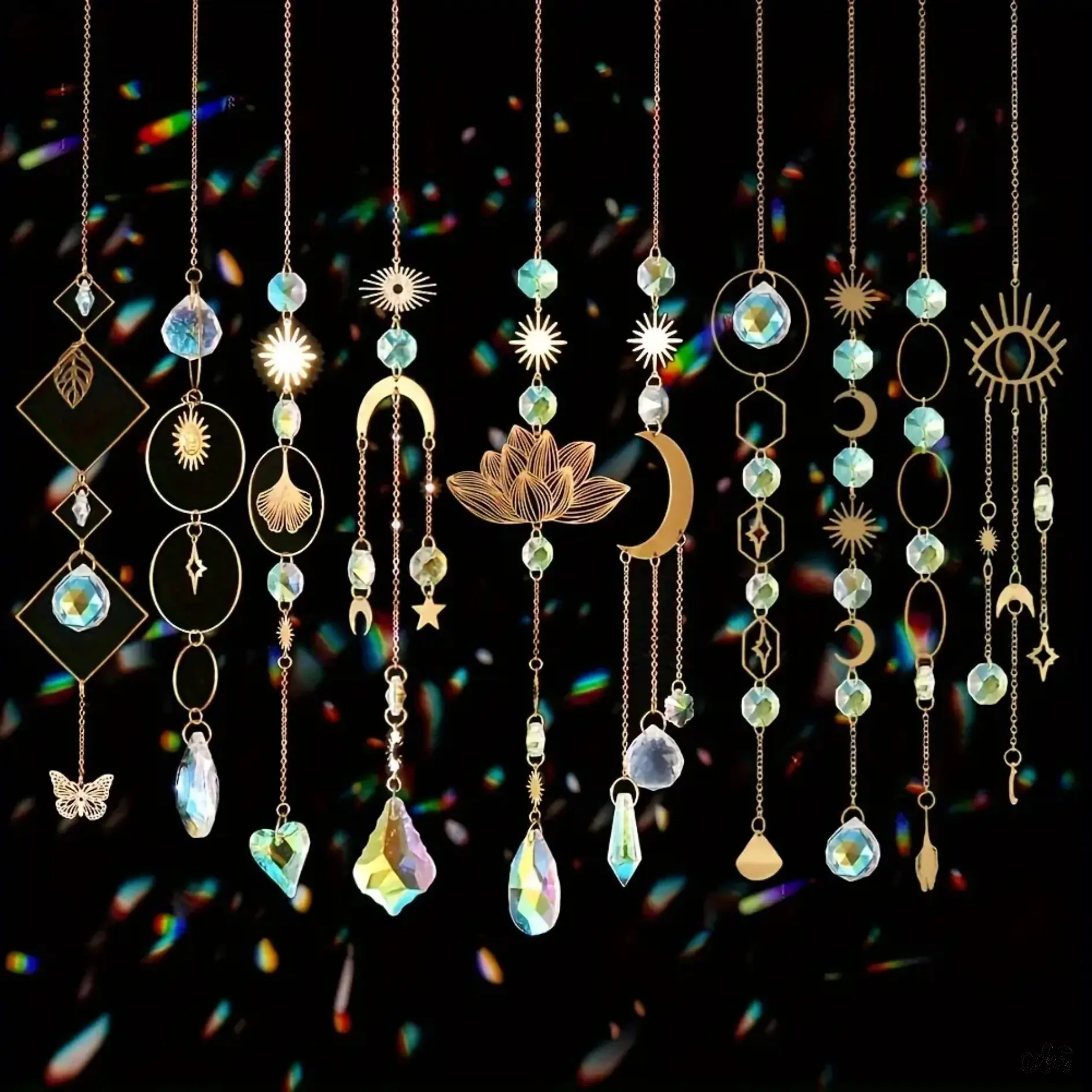 10 Pcs Decorative Transparent Lotus-Shaped Colorful Crystal Sun Catcher Set for DIY Bag Accessories, Built-In Hanging Chain, Sparkling Prism Pendant, Rainbow Light Creator, Easy Hanging, Indoor Window Aesthetic Booster