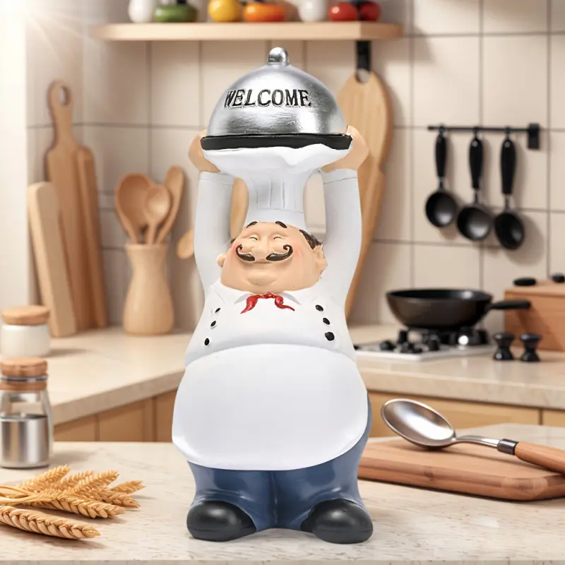 1pc Restaurant Front Desk Welcome Statue - Chef Welcoming with a Pot in Hand. It is a resin statue, suitable for various restaurant welcome displays, kitchen decorations, home decorations, desktop decorations. It can be placed at the entrance hall, on the