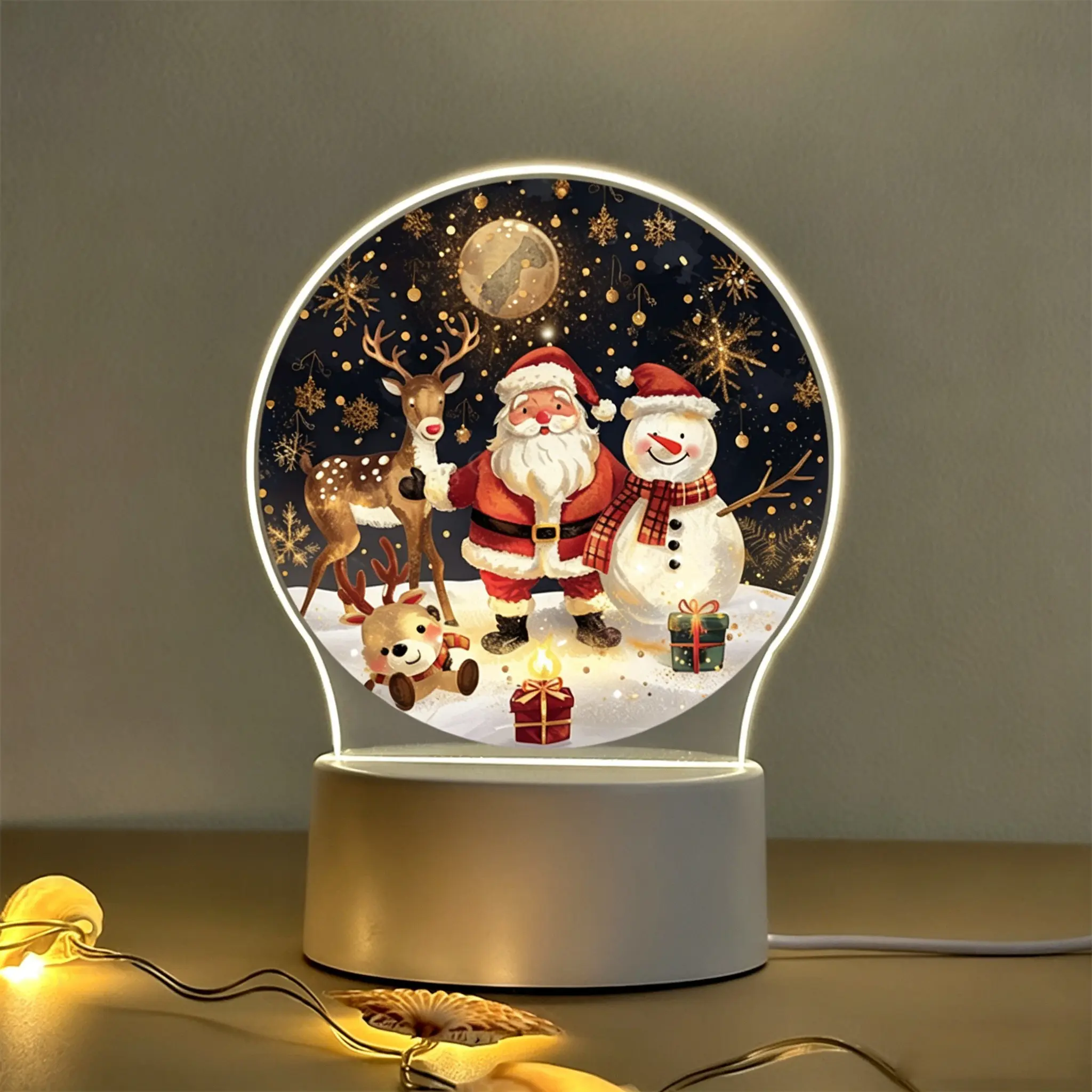 Christmas Santa Snowman LED Night Light with Dome Cover, USB Powered Bedside Lamp, Blinking Stars, Portable Holiday Decor