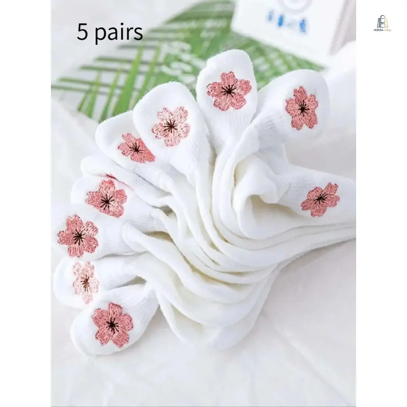 5 Pairs Floral Embroidered Ankle Socks, Trendy Jacquard Knit Women Anklets, Soft Breathable Low Cut Hosiery, All Season Elegant Casual Footwear for Summer Daily Outdoor Matching