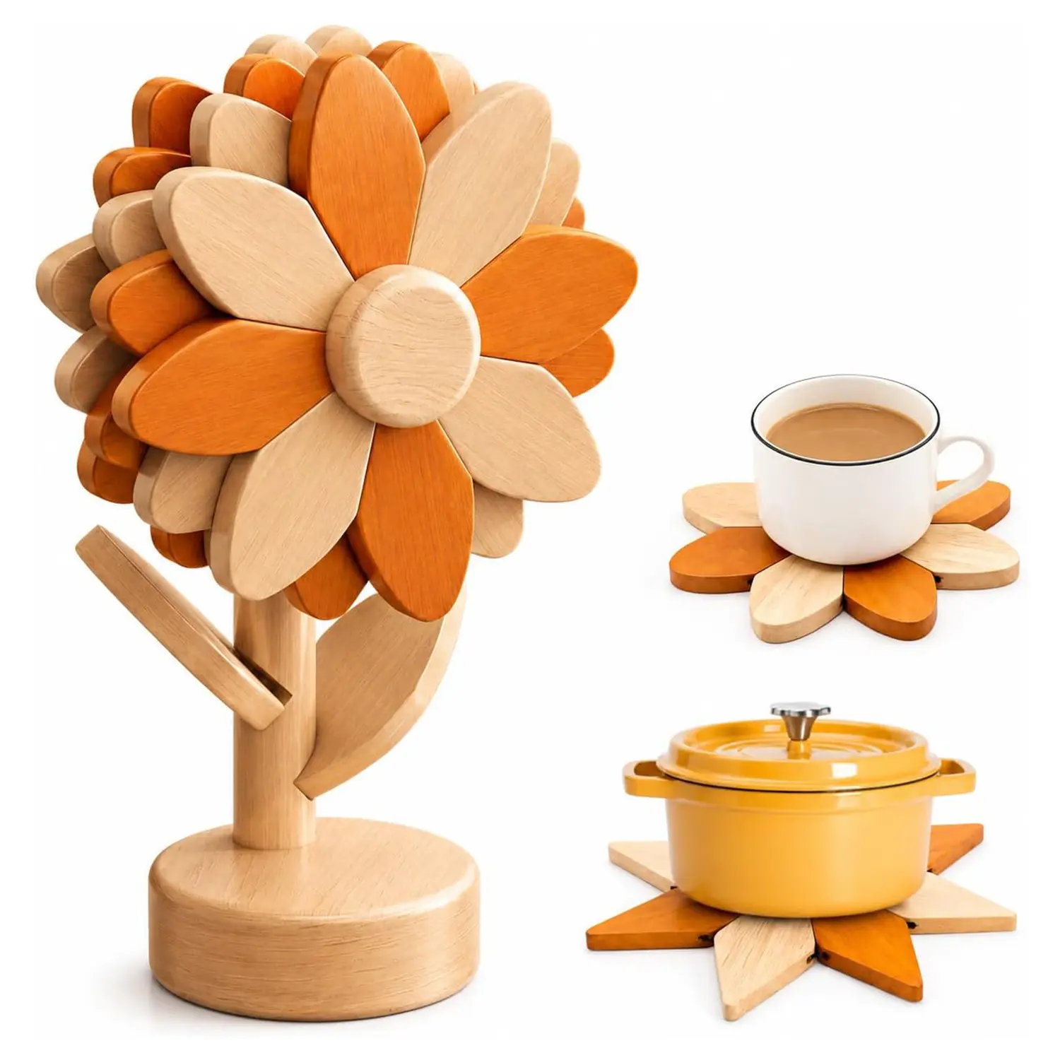 5PCS Flower Shaped Wooden Coaster Set with Stand, Coasters for drinks, Natural Wood Heat Resistant Trivet Mats, Beech Wood Wooden Trivet Tree, Drink Coasters for Table Protection, Reusable Wood Cup Mats, Hot Pots, Kitchen Dining Decor