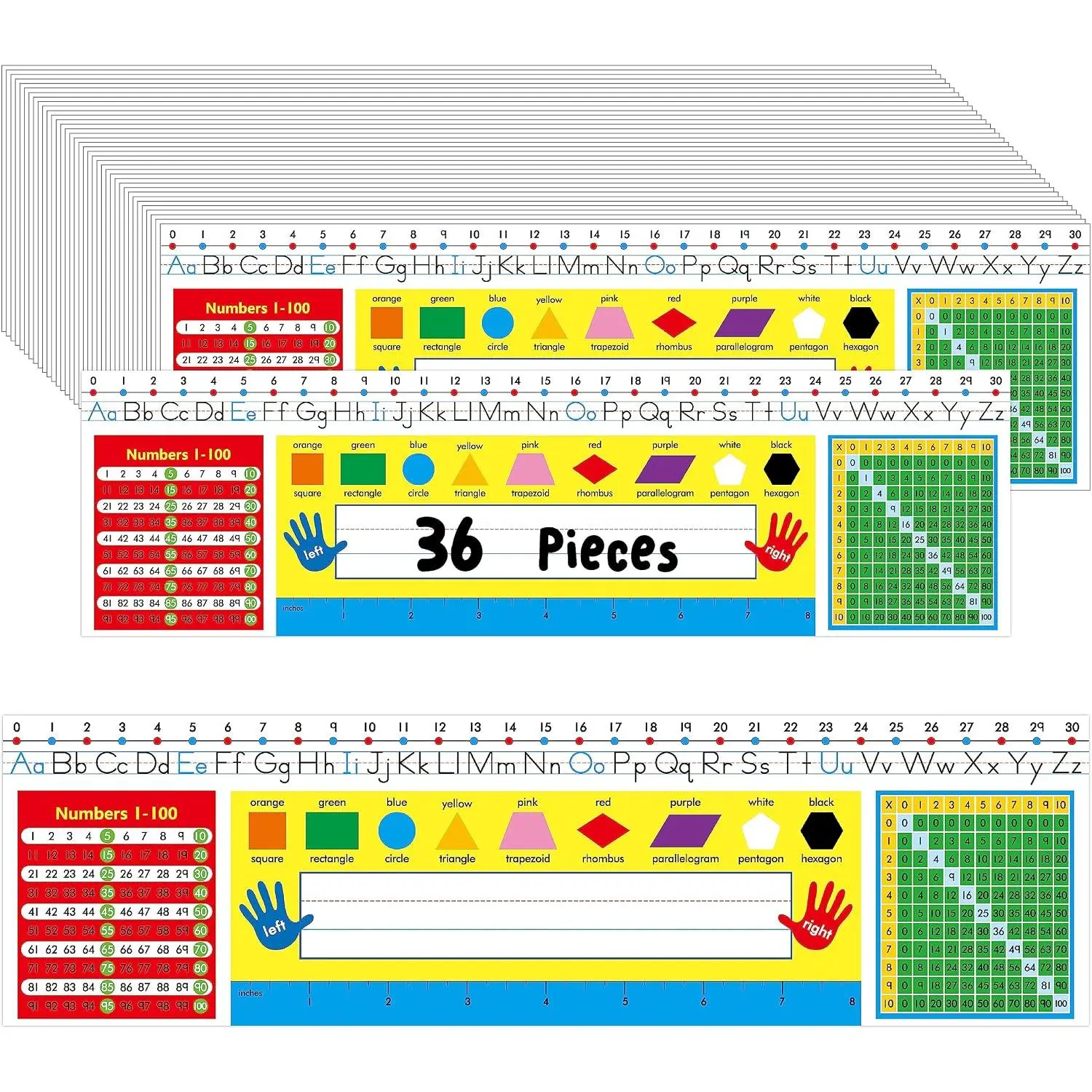 36 count Desk Nameplates, Double Sided  Film Desk Name Tags with Alphabet, Numbers, Multiplication Chart, Shapes, Colors and Ruler Erasable &  Traditional Manuscript Name Plate (14” x 4”)