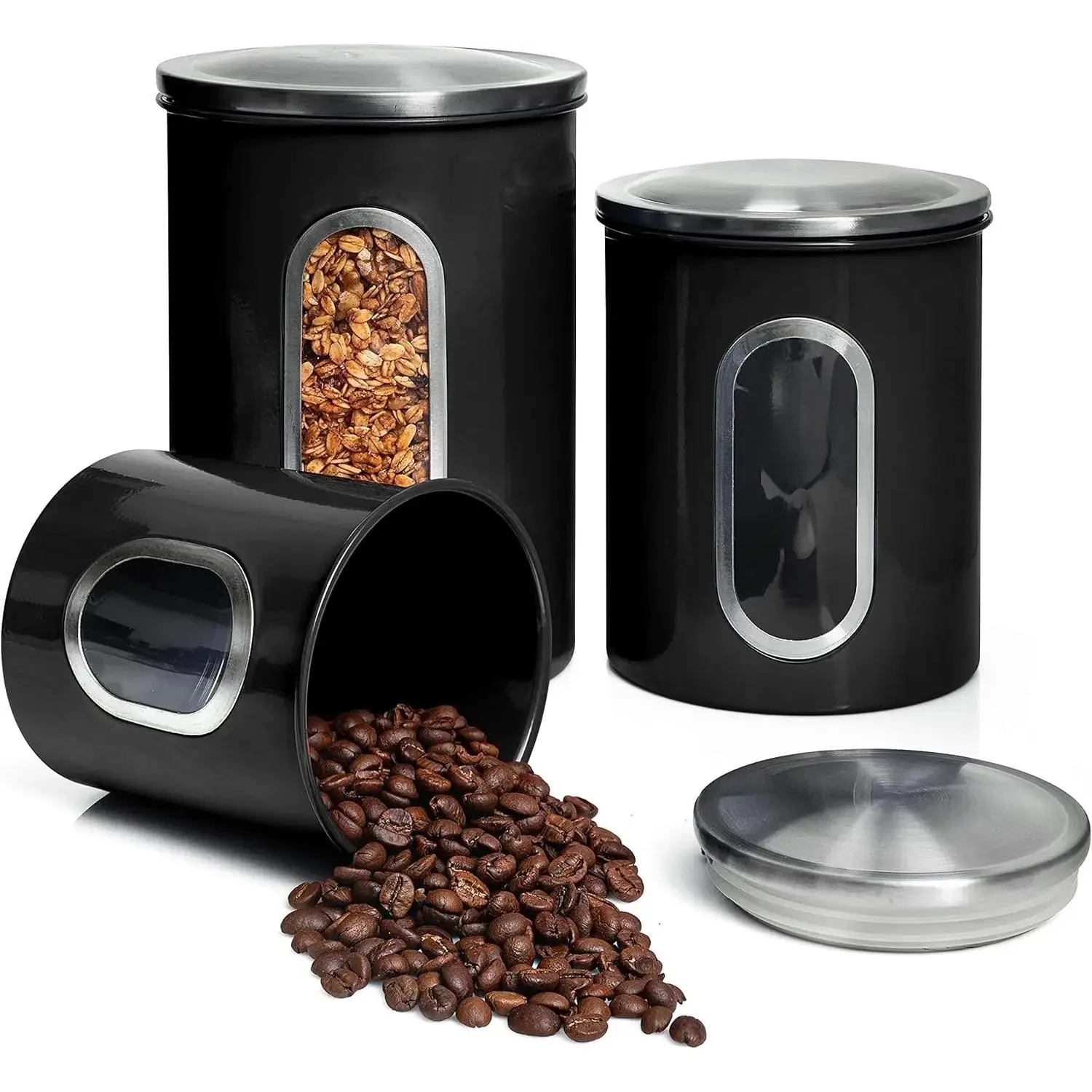 3 count Black Canisters Sets For The Kitchen, Jars With See Window, Airtight Coffee Container Organizer & Sugar Canister, Kitchen Canisters Set of 3 Black Kitchen Decor