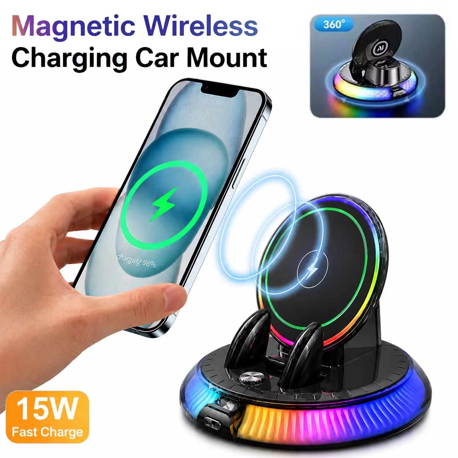 Wireless Car Charger with RGB Light, 360° Rotating Wireless Charging, Stable Vacuum Suction Base, Compatible with All Smartphones