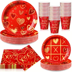 144pcs Valentine's Day Party Decoration Tableware Sets for 36 Guests, 7 & 9 Conversation Heart Valentines Paper Plates And Napkins Cups for Galentines Party Supplies (Red Gold, Classic Style)