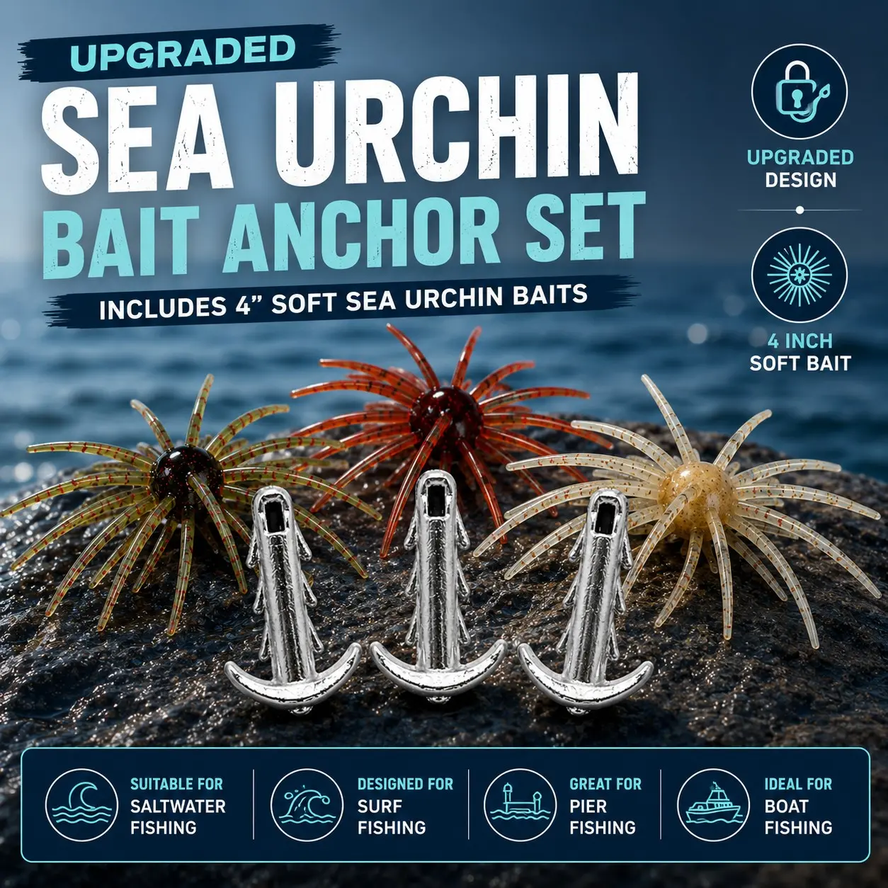 6 PCS Upgraded Sea Urchin Bait Anchor with Anti-Slip Locking Hook Sinker, 3 Size Fishing Rig Set with 3.35/4 Inch Soft Sea Urchin Baits, Perfect for Surf, Pier, Boat & Saltwater Fishing, Fishing Kits