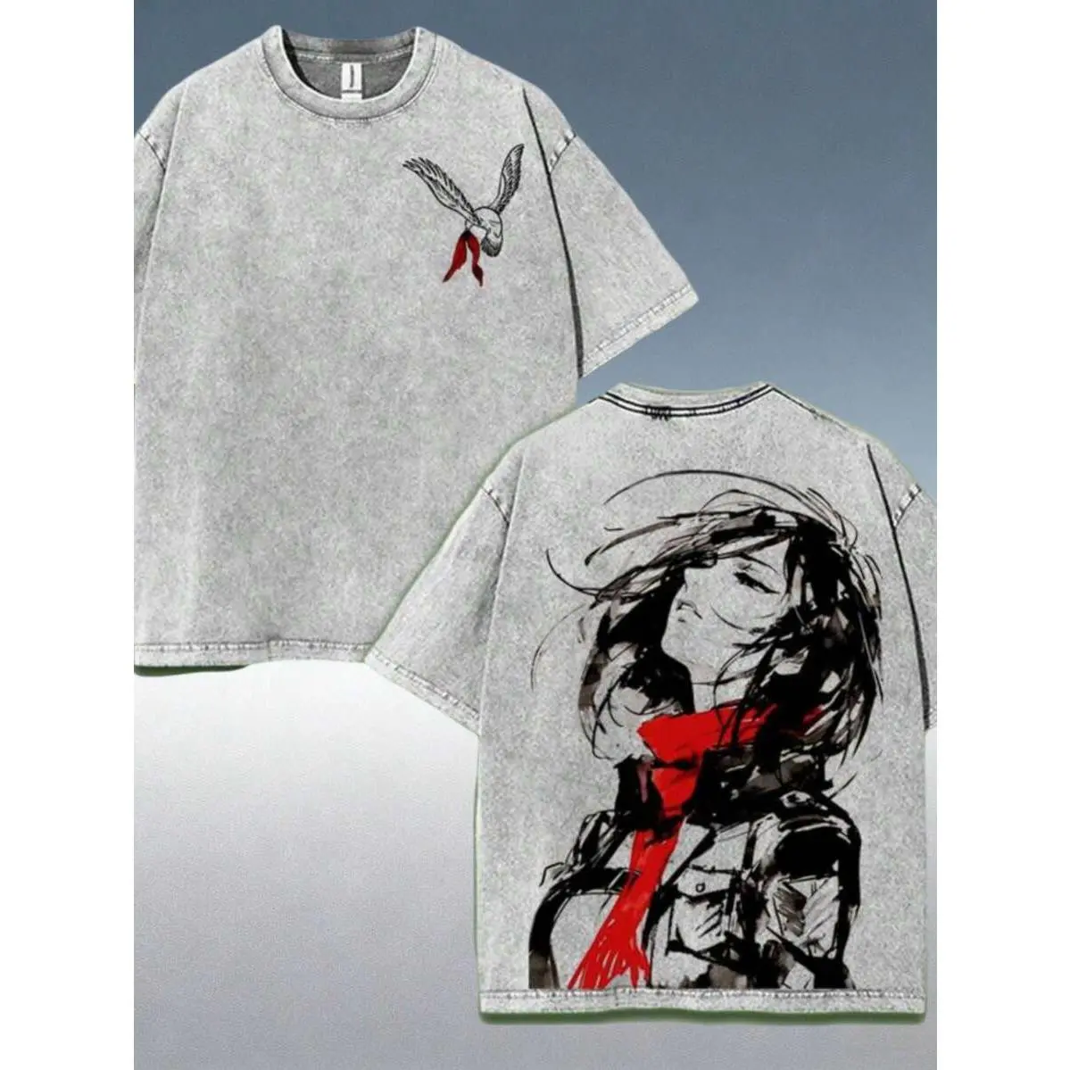 Classic Manga Gray Washed Tshirt Dual Sided Front Scout Eagle Mark Back Portrait Print Vintage Anime Streetwear Soft Cotton Tee For Outdoor Weekend Activities