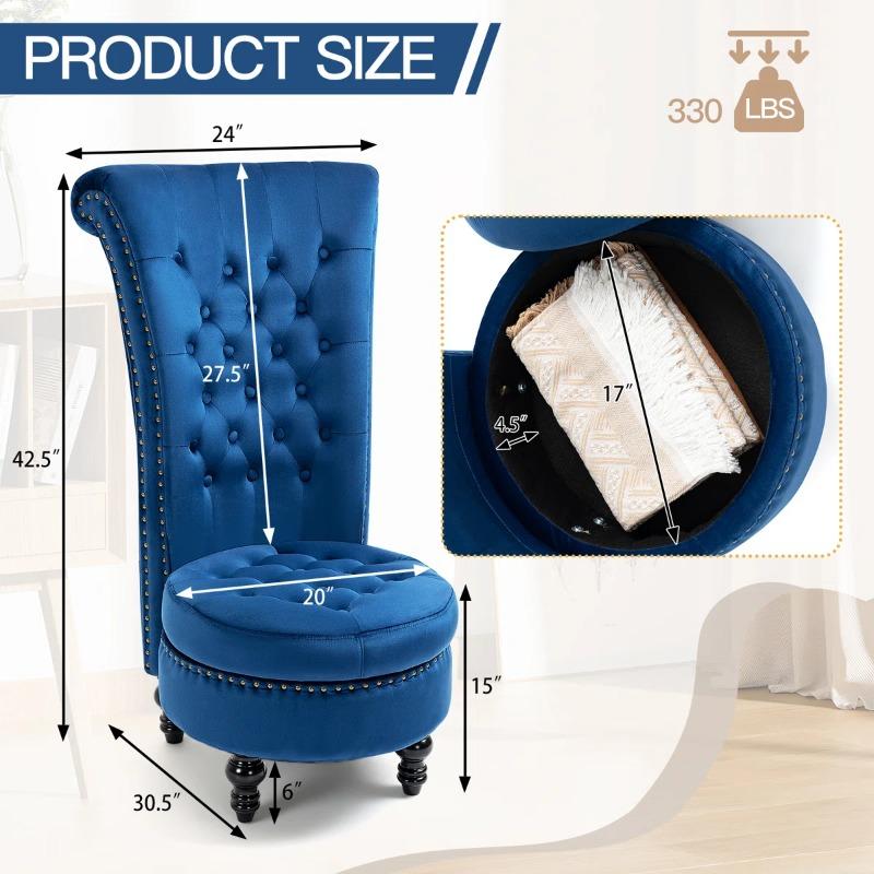 Ergonomic Velvet Accent Chair with High Back Support & Built-in Storage, Black/White/Blue