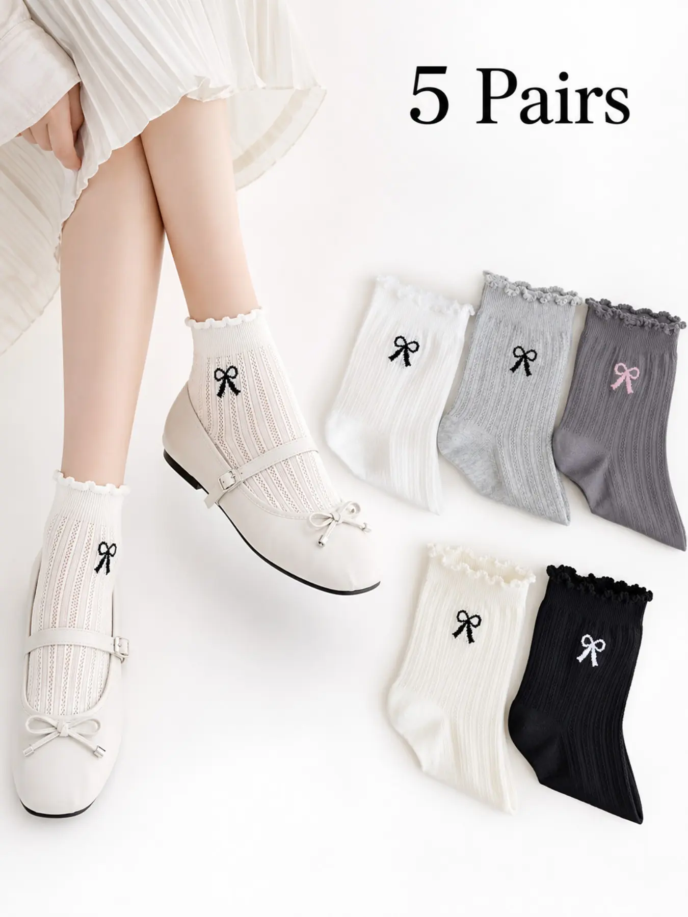 5 Pairs Retro Ruffled Bow Mesh Ankle Socks, Perfect for Mary Jane Shoes, Loafers, Daily Wear, Street Style, All Seasons