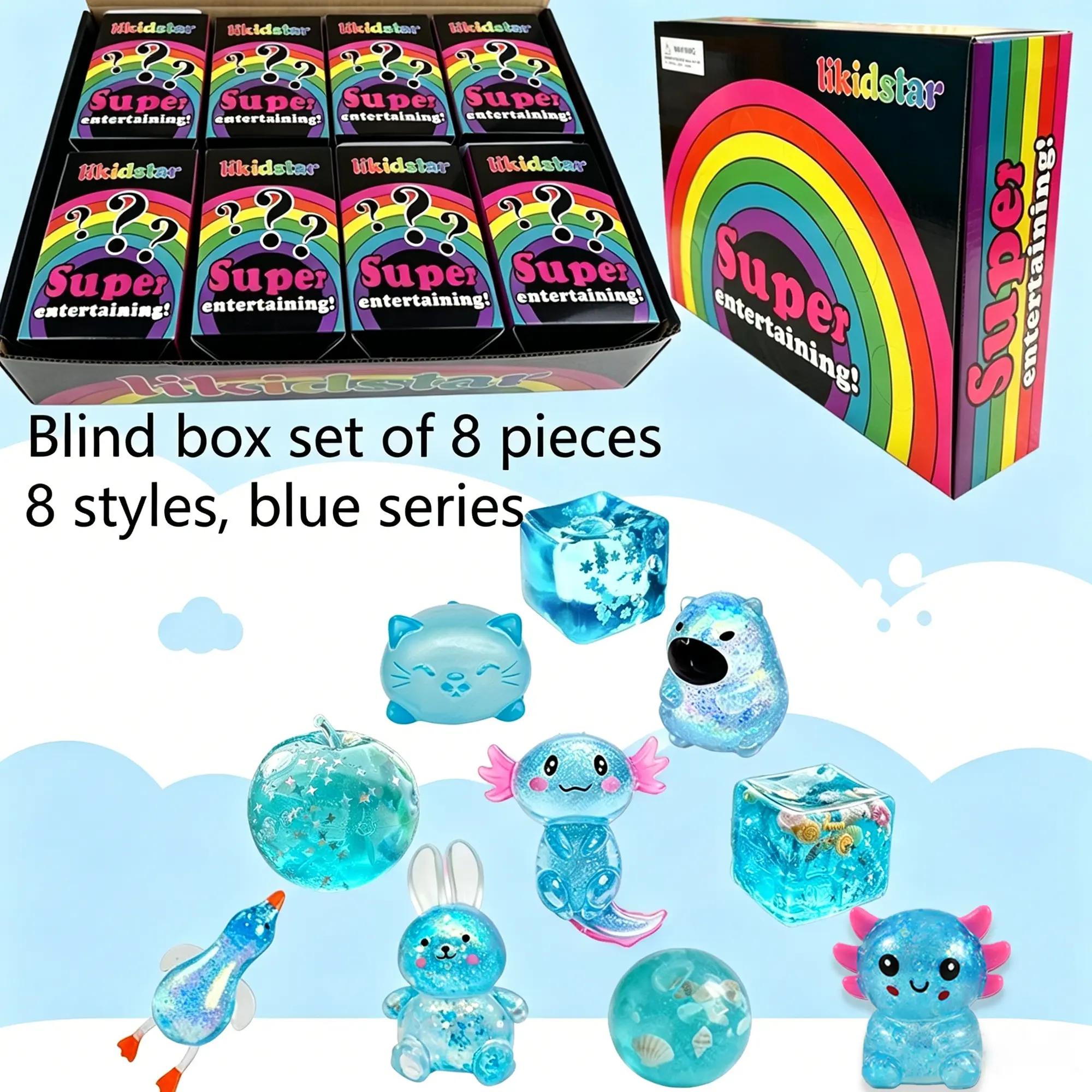 8-Piece Blind Box Malt Sugar Stress Relief Fidget Toys, Slow Rebound Creative Release, Hidden Edition, Blue Series, Party Gift