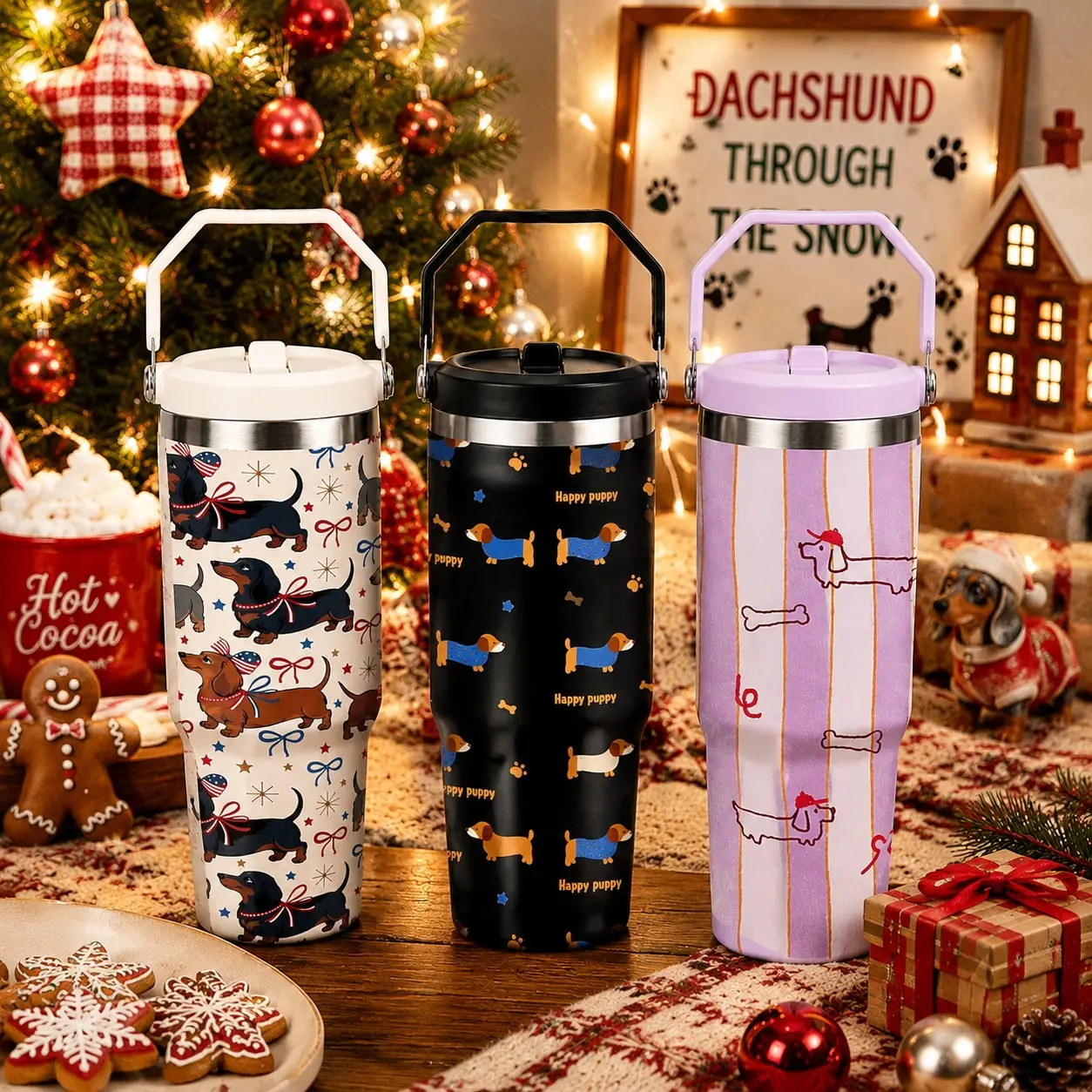 30oz Christmas Dachshund Tumbler with Handle, Cute Wiener Dog Holiday Print Cup, Cozy Winter Aesthetic Travel Mug, Christmas Gift for Dog Lovers, Secret Santa Exchange Gift, Christmas Stocking Stuffers, Holiday Coffee Cup, Dachshund Lover Gift, Festive