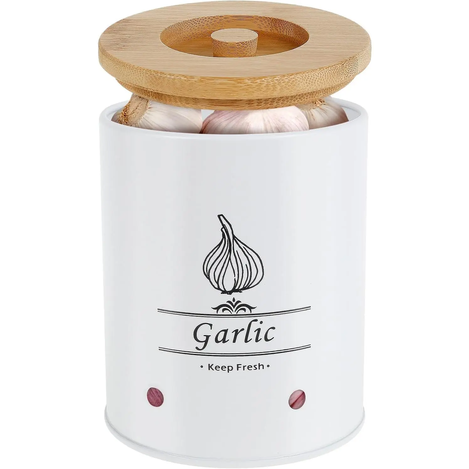Large Ceramic Garlic Keeper, Farmhouse Style Garlic Storage Box with Wood Lid, Ventilated Garlic Saver, 2.3L, White