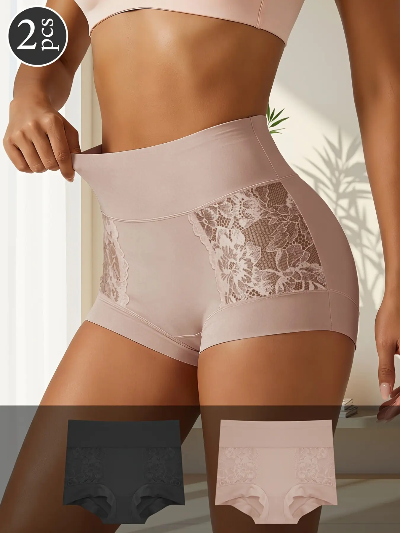 2 Pcs Silk Smooth Panties, Seamless Style, Delicate Lace Sides, High Waist, Loose-Fitting, Casual, All Seasons, Daily Wear
