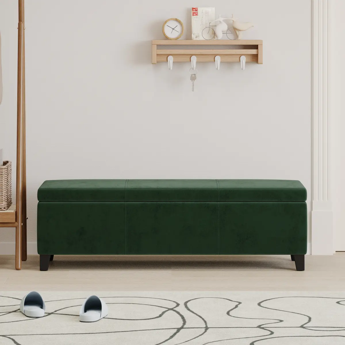 Modern Indoor Rectangular Forest Green Wood Upholstered Storage Ottoman Bench - 51.25"l x 17.5"w x 16.25"h, 300lb Capacity, Hidden Storage, Space-Saving, Assembly Required, Spot-Clean with Cloth, for Entryway, Bedroom, 300Lbcapacity